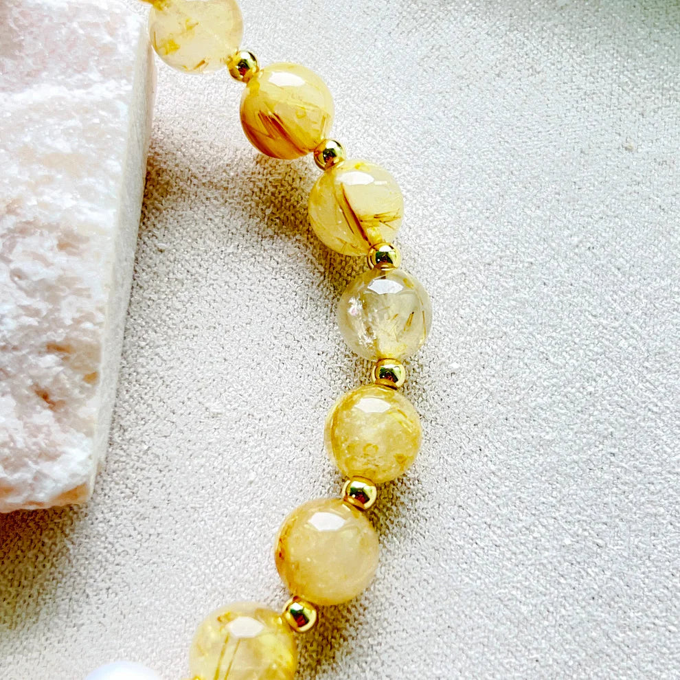 Yellow Rutilated Quartz & Freshwater Pearl Balance Bracelet