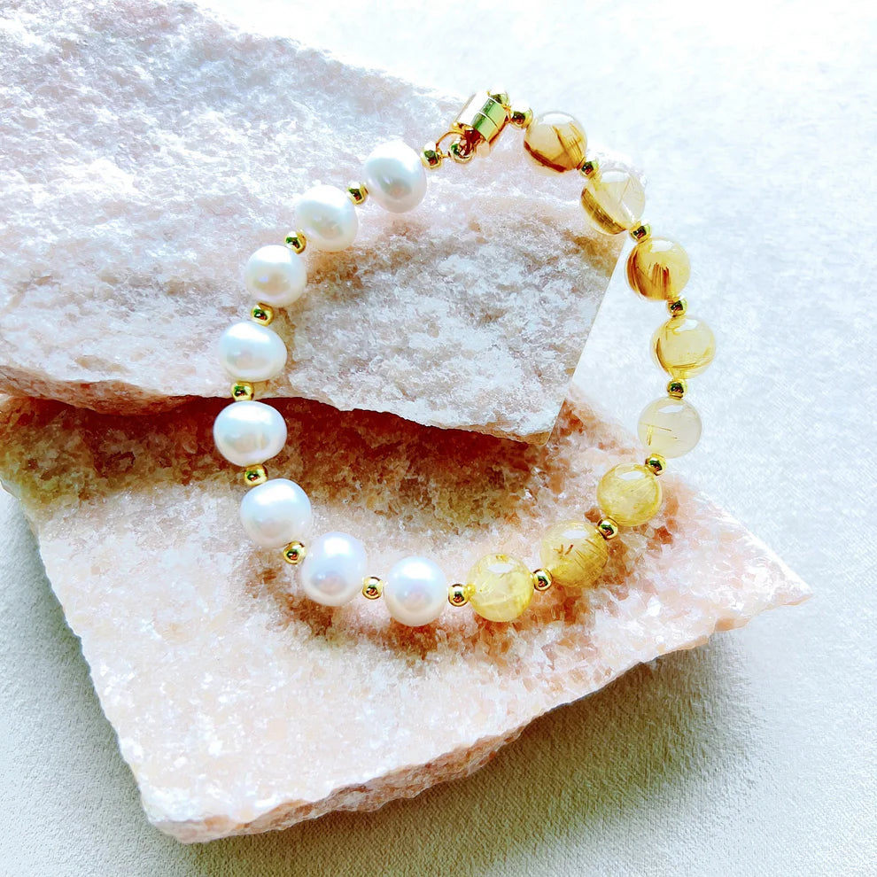 Yellow Rutilated Quartz & Freshwater Pearl Balance Bracelet