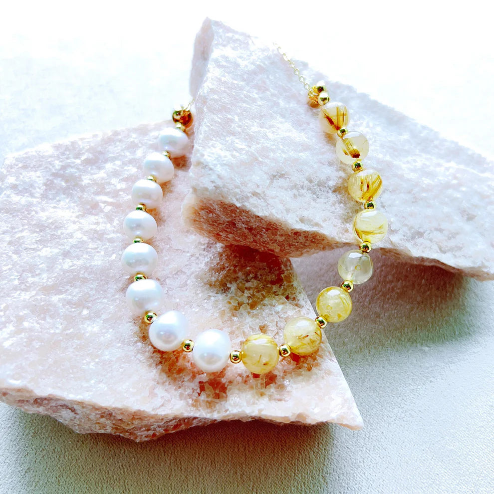 Yellow Rutilated Quartz & Freshwater Pearl Balance Bracelet