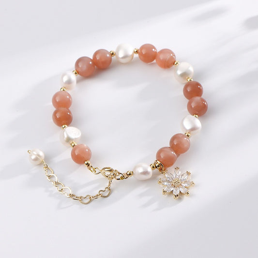 Natural Quartz Crystal & Freshwater Pearl Sunflower Bracelet